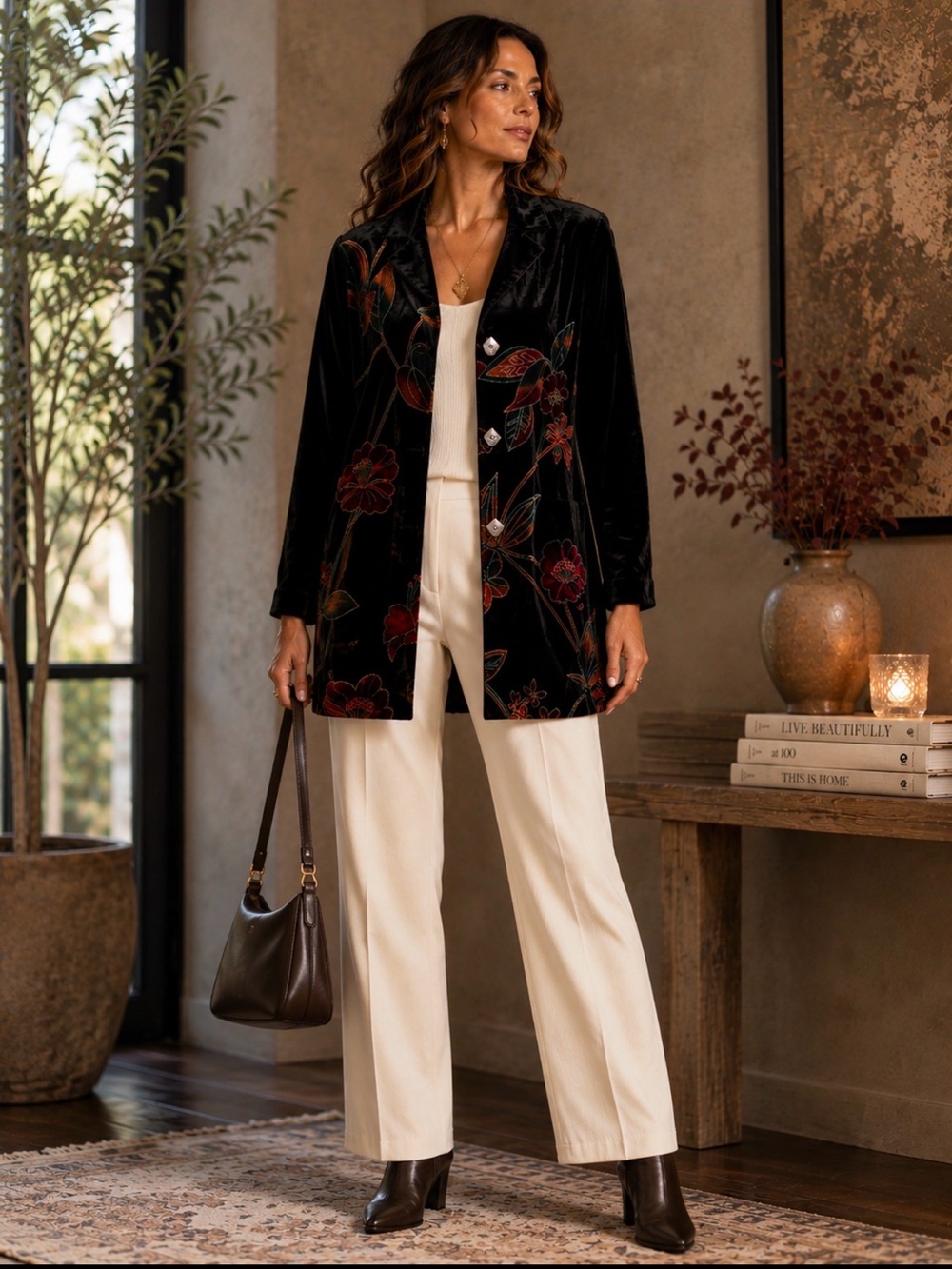 Coldwater Creek Black Velvet Floral Longline Jacket Size L Botanical